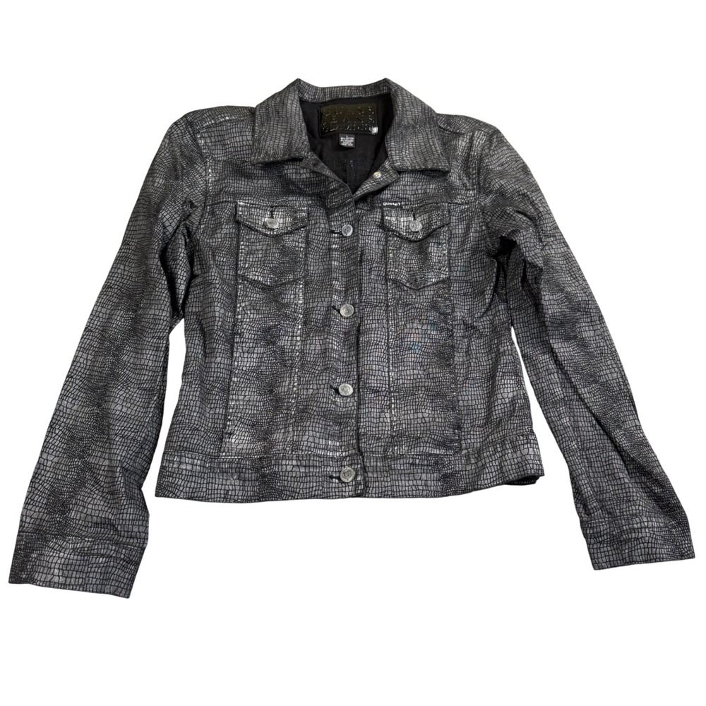 Guess Y2K Glamour Trucker Jacket Silver Black Croc Print Large Metallic Edgy